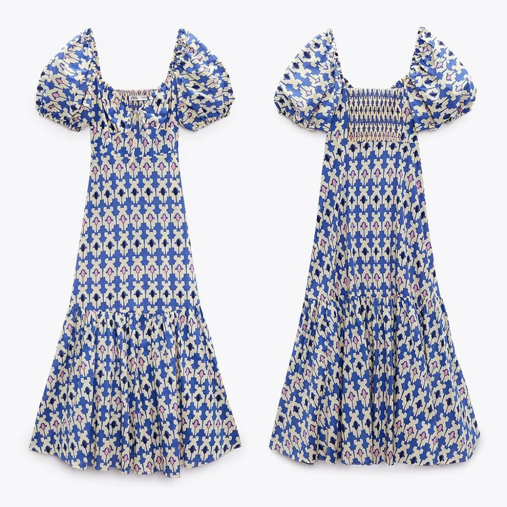 Zara Blue, White and Pink Floral Puff-Sleeve Midi Dress - Picture 3 of 3